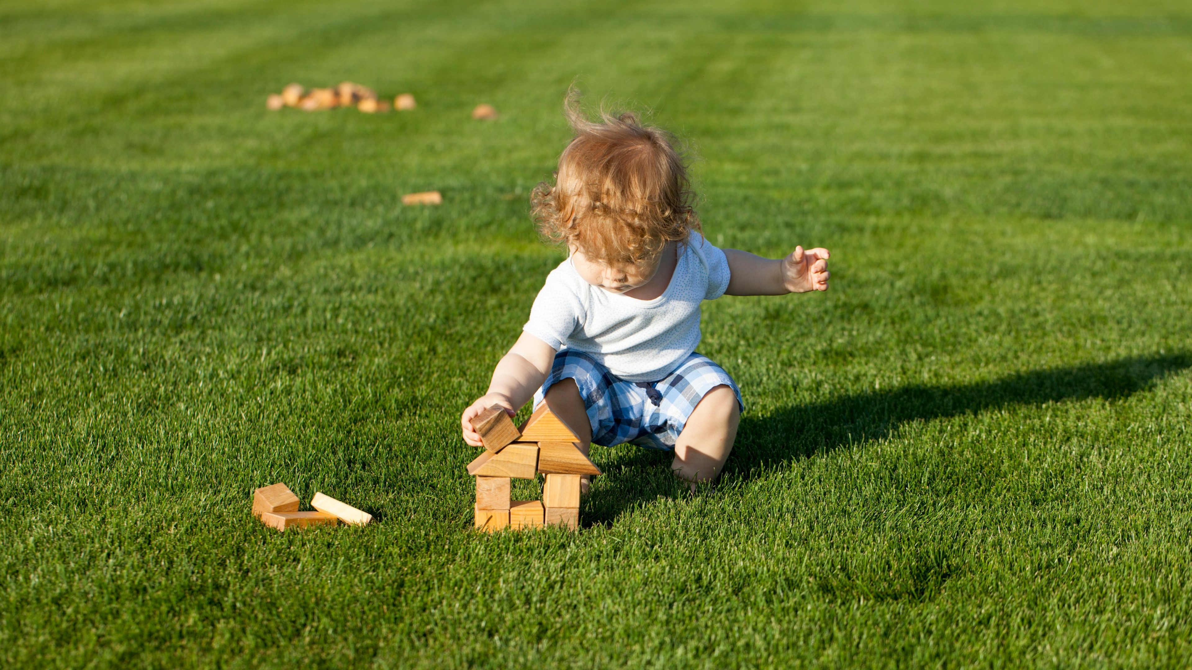 Little curly baby boy sat down to build toy wooden house on the green lawn sunny day outdoor, horizontal photo