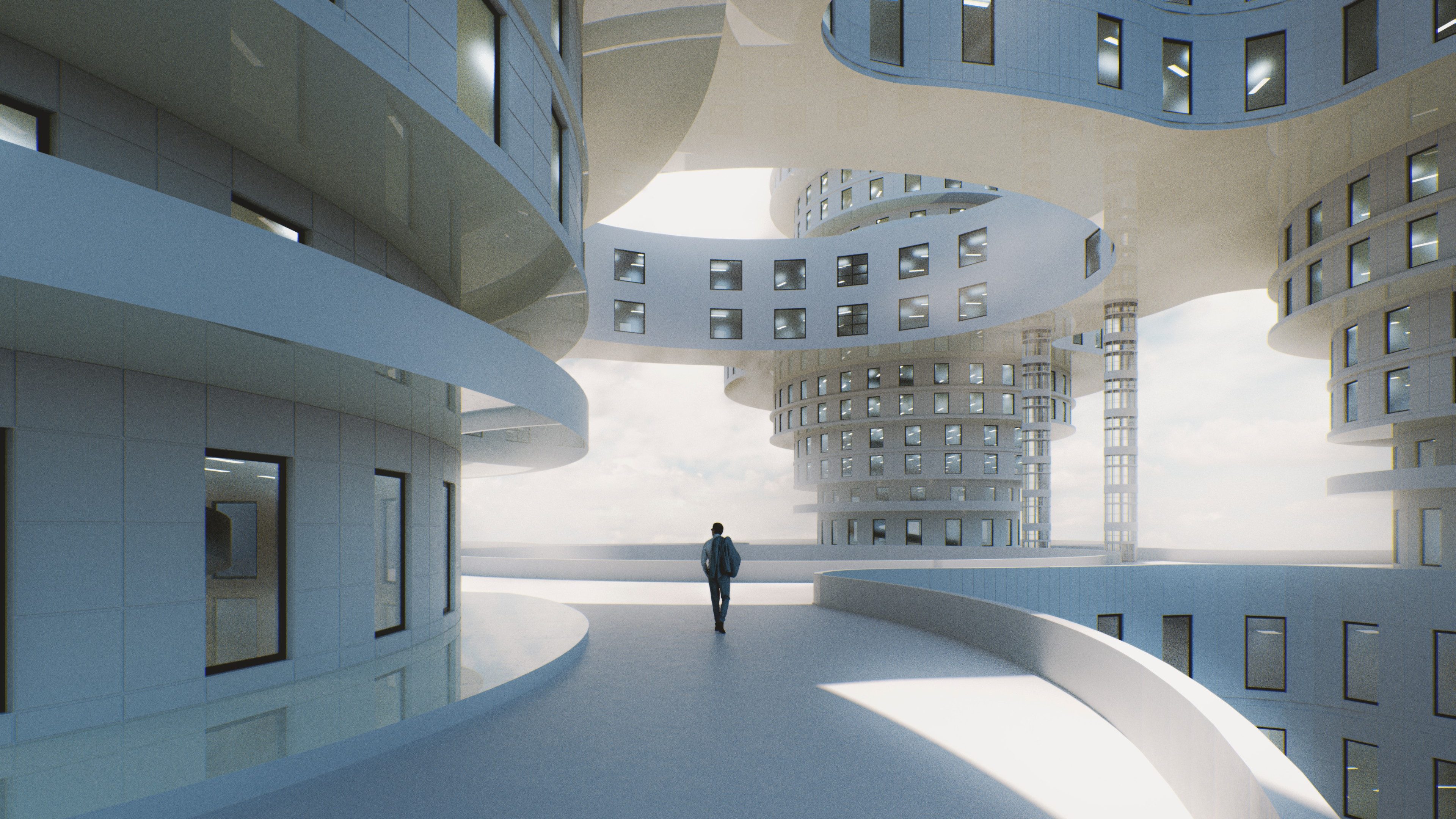 Man walking in futuristic office park. This is entirely 3D generated image.
